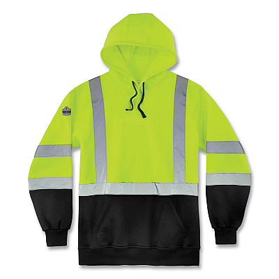 ergodyne GloWear 8373 Hi-Vis Class 3 Hooded Sweatshirt with Black Bottom, Polar Fleece, Lime, Large (EGO21884)