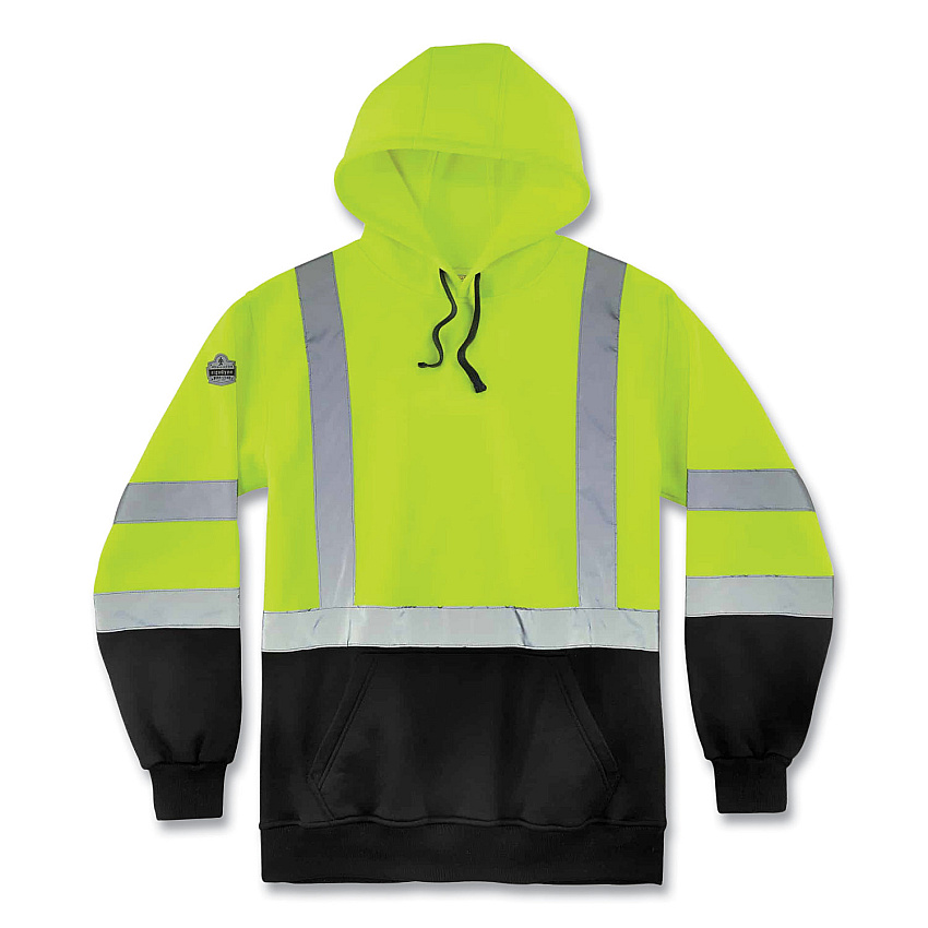 ergodyne GloWear 8373 Hi-Vis Class 3 Hooded Sweatshirt with Black Bottom, Polar Fleece, Lime, Large (EGO21884)