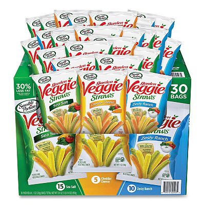 Sensible Portions Veggie Straws, Cheddar Cheese/Sea Salt/Zesty Ranch, 1 oz Bag, 30 Bags/Carton (GRR22000413)