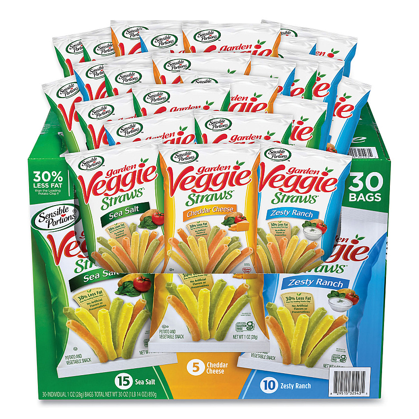 Sensible Portions Veggie Straws, Cheddar Cheese/Sea Salt/Zesty Ranch, 1 oz Bag, 30 Bags/Carton (GRR22000413)