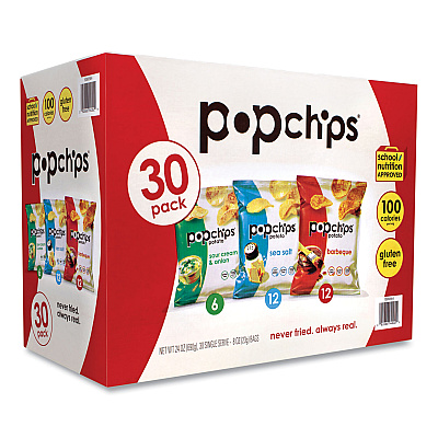 popchips Potato Chips, Variety Pack, Barbeque, Sea Salt, Sour Cream and Onion, 0.8 oz Bag, 30/Pack (GRR22001998)