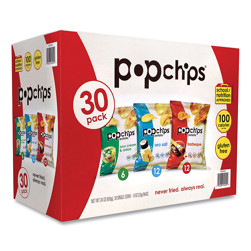 popchips Potato Chips, Variety Pack, Barbeque, Sea Salt, Sour Cream and Onion, 0.8 oz Bag, 30/Pack (GRR22001998)