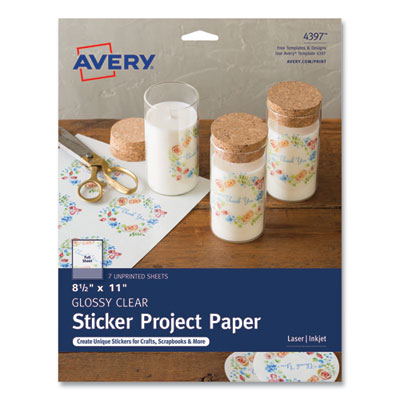 Avery Sticker Project Paper Laser/Inkjet Multipurpose Labels, 11 x 8.5, Glossy Clear, 1 Label/Sheet, 7 Sheets/Pack (AVE4397KBF)