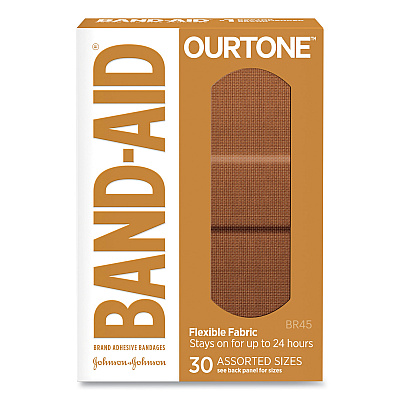 BAND-AID OurTone Adhesive Bandages, BR45, 2.25 x 0.63; 3 x 0.75; 3 x 1, Light Brown, 30/Pack (JOJ119585)
