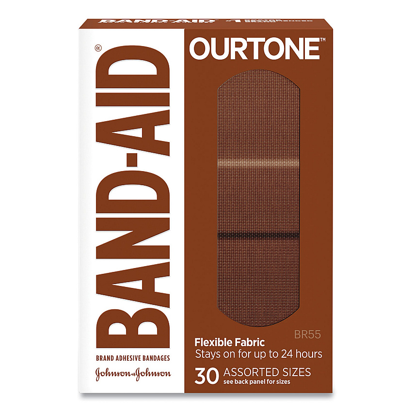 BAND-AID OurTone Adhesive Bandages, BR55, 2.25 x 0.63; 3 x 0.75; 3 x 1, Medium Brown, 30/Pack (JOJ119586)