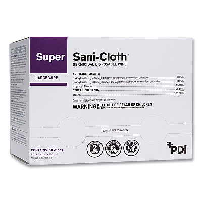 Sani Professional Super Sani-Cloth Individually Wrapped Germicidal Disposable Wipes, Large, 1-Ply, 5 x 8, Unscented, White, 50/Pack (PDIH04082)