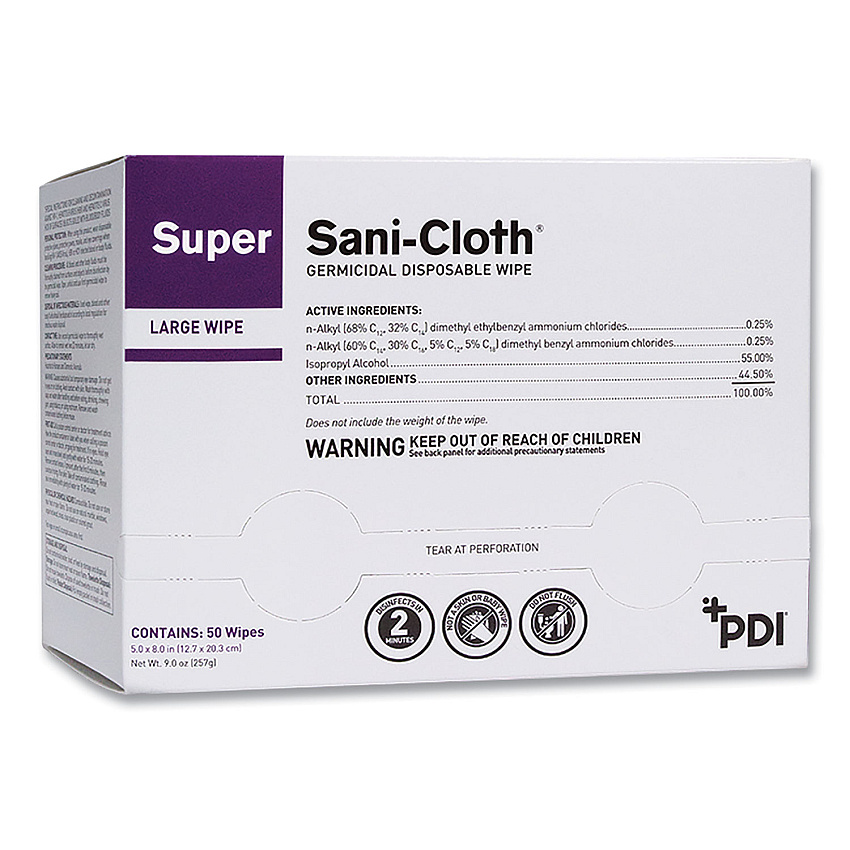 Sani Professional Super Sani-Cloth Individually Wrapped Germicidal Disposable Wipes, Large, 1-Ply, 5 x 8, Unscented, White, 50/Pack (PDIH04082)
