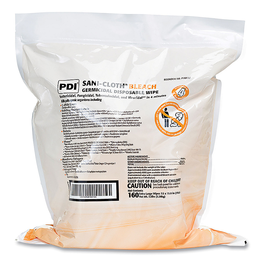 Sani Professional Sani-Cloth Bleach Germicidal Disposable Wipe Refill, 1-Ply, 7.5 x 15, Unscented, White, 160/Bag, 2 Bags/Carton (PDIP700RF)