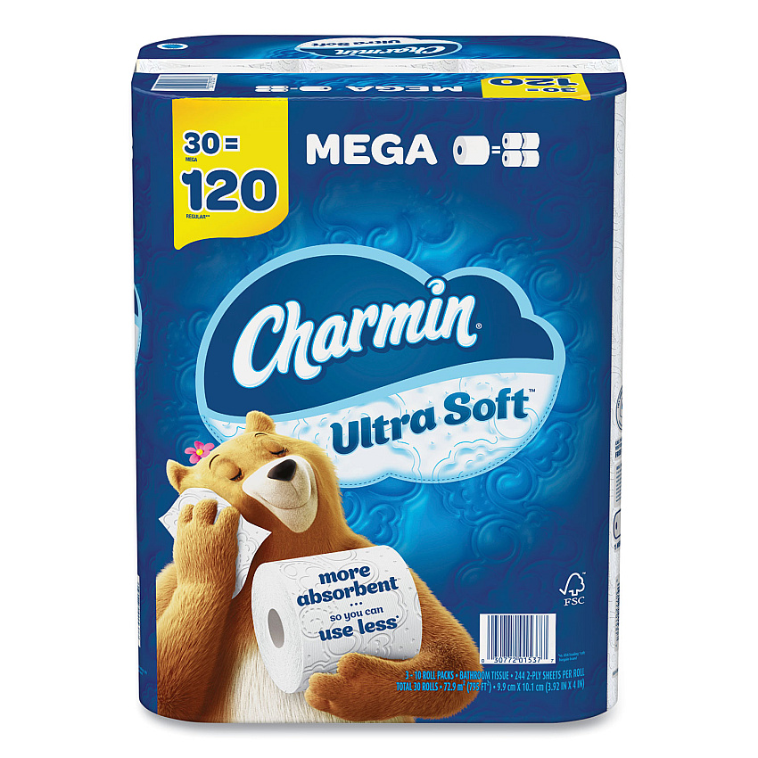 Charmin Ultra Soft Bathroom Tissue, Mega Roll, Septic Safe, 2-Ply, White, 244 Sheets/Roll, 30 Rolls/Pack (PGC01537)