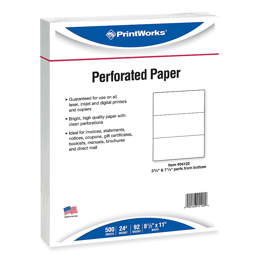 Printworks Perforated and Punched Paper, 92 Bright, 24 lb Bond Weight, 8.5 x 11, White, 500/Ream, 5 Reams/Carton (PRB04122CT)