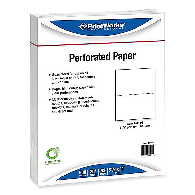 Printworks Perforated and Punched Paper, 20 lb Bond Weight, 8.5 x 11, White, 500/Ream, 5 Reams/Carton (PRB04166CT)