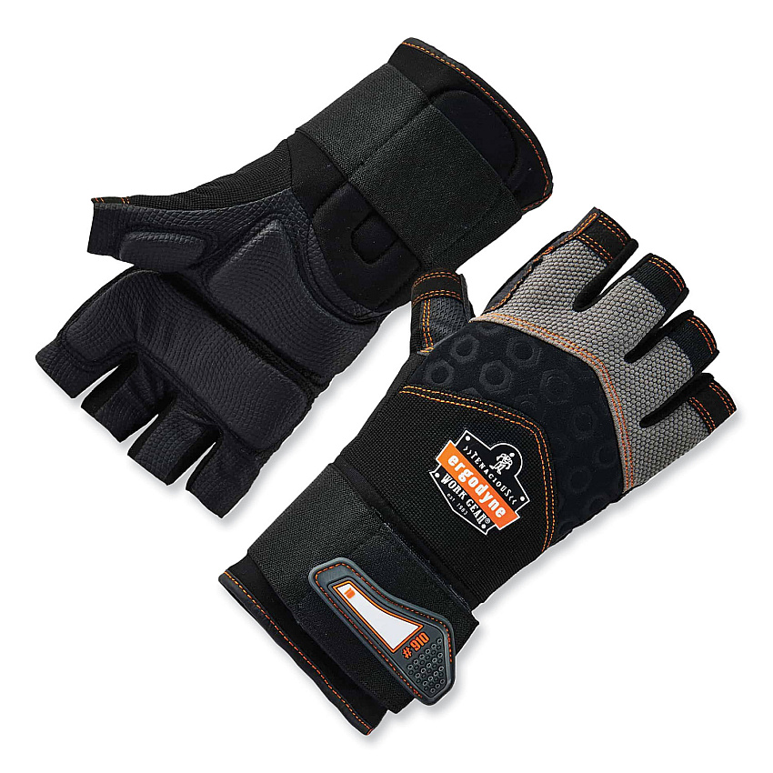 ergodyne ProFlex 910 Half-Finger Impact Gloves + Wrist Support, Black, X-Large, Pair (EGO17715)