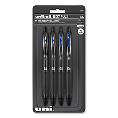uniball 207 Plus+ Gel Pen, Retractable, Medium 0.7 mm, Blue Ink, Black Barrel, 4/Pack (UBC70457)