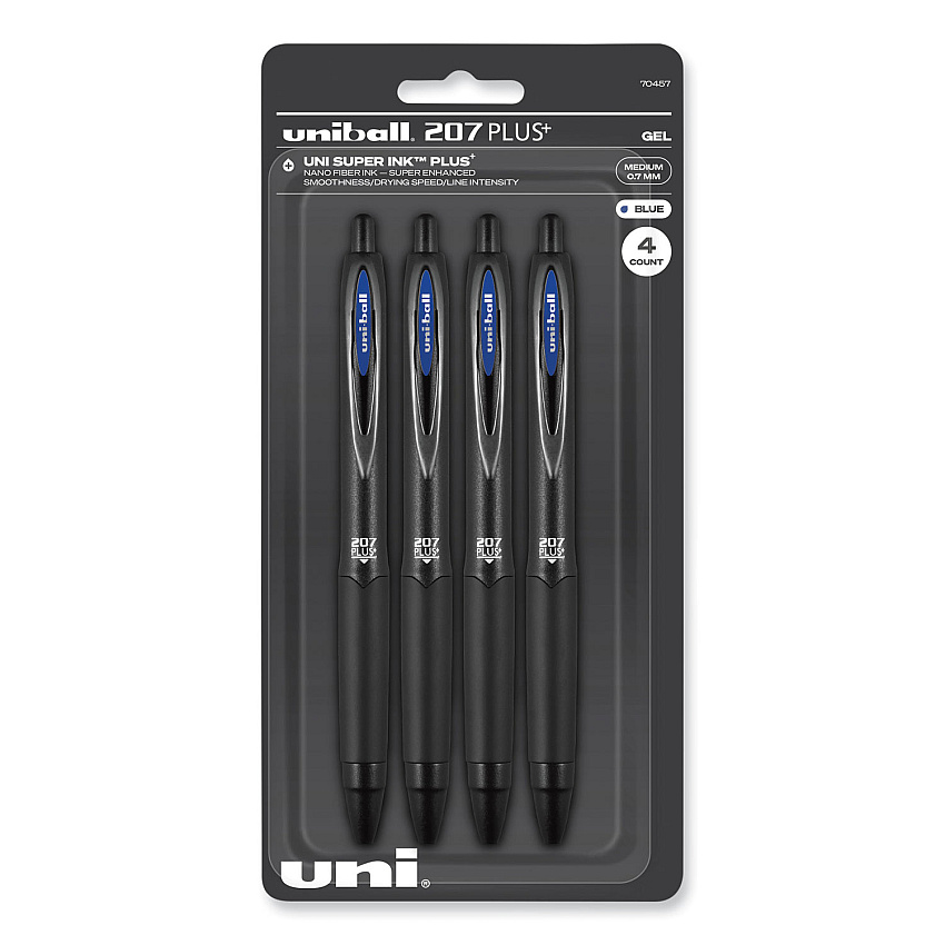 uniball 207 Plus+ Gel Pen, Retractable, Medium 0.7 mm, Blue Ink, Black Barrel, 4/Pack (UBC70457)