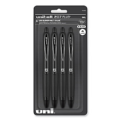 uniball 207 Plus+ Gel Pen, Retractable, Medium 0.7 mm, Black Ink, Black Barrel, 4/Pack (UBC70460)