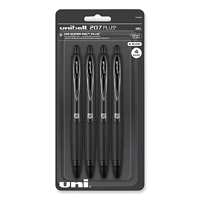 uniball 207 Plus+ Gel Pen, Retractable, Medium 0.7 mm, Black Ink, Black Barrel, 4/Pack (UBC70460)
