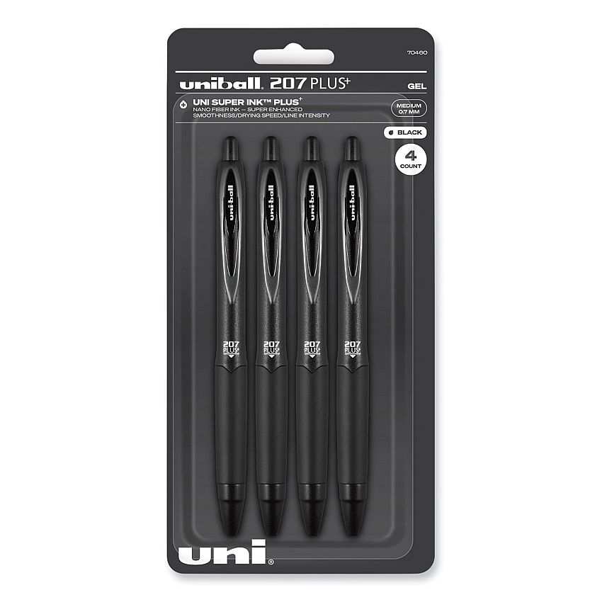 uniball 207 Plus+ Gel Pen, Retractable, Medium 0.7 mm, Black Ink, Black Barrel, 4/Pack (UBC70460)
