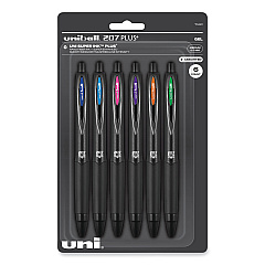 uniball 207 Plus+ Gel Pen, Retractable, Medium 0.7 mm, Assorted Inspirational Ink Colors, Black Barrel, 6/Pack (UBC70491)