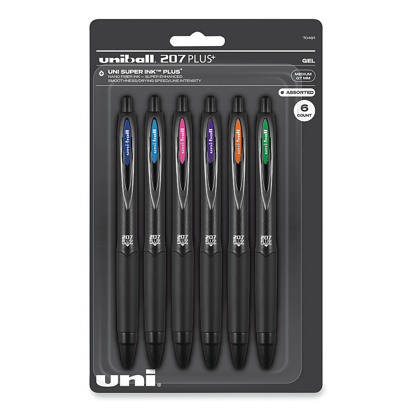uniball 207 Plus+ Gel Pen, Retractable, Medium 0.7 mm, Assorted Inspirational Ink Colors, Black Barrel, 6/Pack (UBC70491)