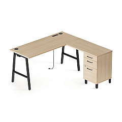Union & Scale Essentials Single-Pedestal L-Shaped Desk with Integrated Power Management, 59.8" x 59.8 x 29.7", Natural Wood/Black (UOS60420CC)