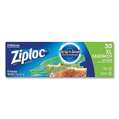 Ziploc Sandwich Seal Top Bags, XL Sandwich, 8" x 7", Clear, 30/Box (SJN315880)