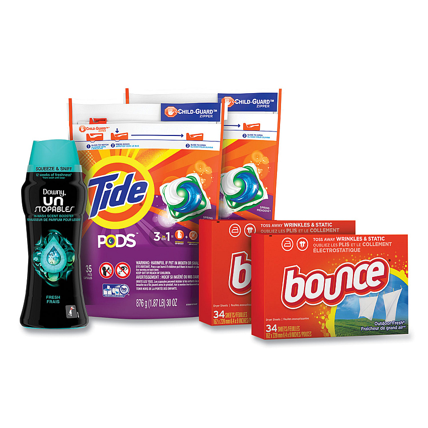 Better Together Laundry Care Bundle, (2) Bags Tide Pods, (2) Boxes Bounce Dryer Sheets, (1) Bottle Downy Unstopables (PGC12777)