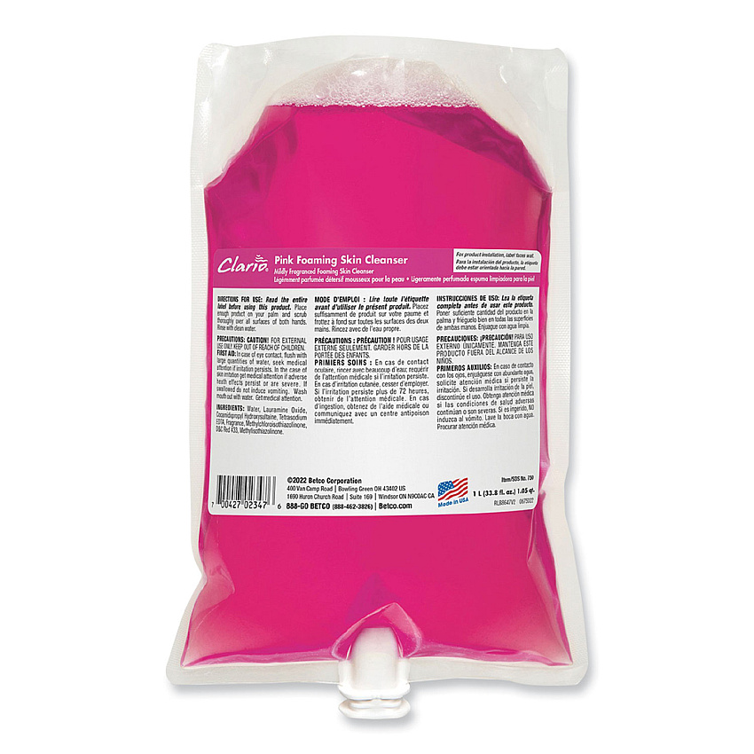 Betco Pink Foaming Skin Cleanser Refill, Fresh Scent, 1,000 mL, 6/Carton (BET7502900)