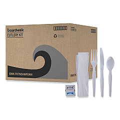Boardwalk Six-Piece Cutlery Kit, Condiment/Fork/Knife/Napkin/Spoon, Heavyweight, White, 250/Carton (BWKFKTNSHWPSWH)