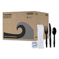 Boardwalk Six-Piece Cutlery Kit, Condiment/Fork/Knife/Napkin/Teaspoon, Black, 250/Carton (BWKFKTNSMWPSBLA)