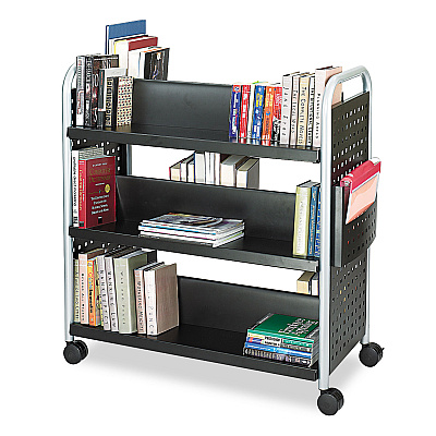 Safco Scoot Double-Sided Book Cart, Metal, 6 Shelves, 1 Bin, 41.25" x 17.75" x 41.25", Black (SAF5335BL)