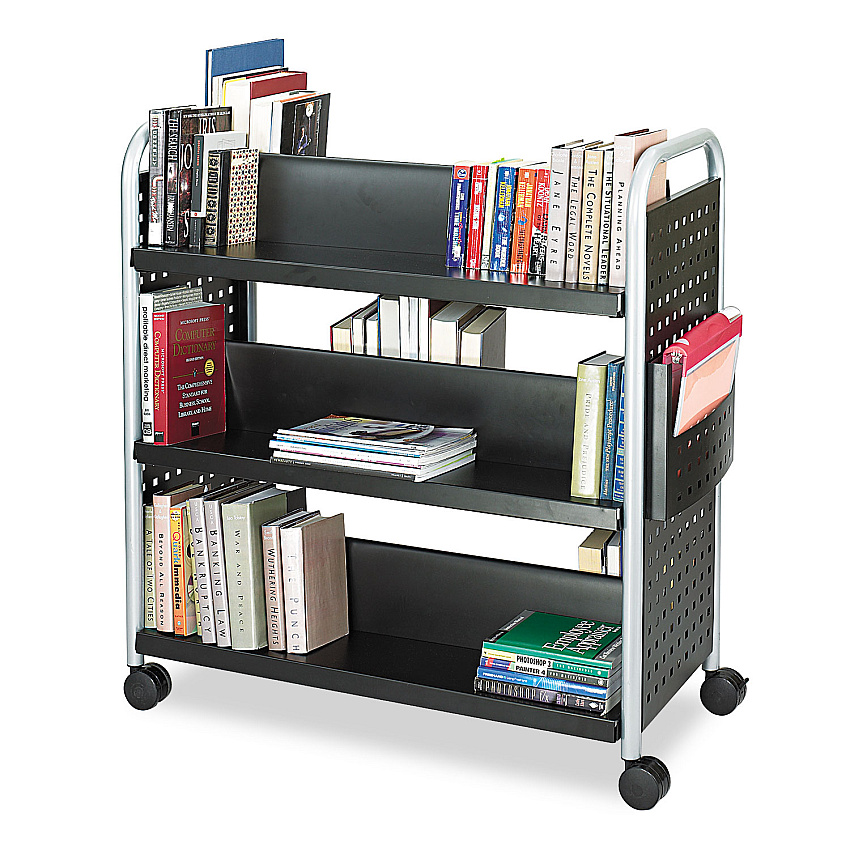 Safco Scoot Double-Sided Book Cart, Metal, 6 Shelves, 1 Bin, 41.25" x 17.75" x 41.25", Black (SAF5335BL)