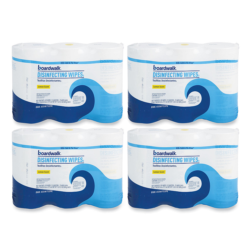Boardwalk Disinfecting Wipes, 7 x 8, Lemon Scent, 75/Canister, 12 Canisters/Carton (BWK455W753CT)