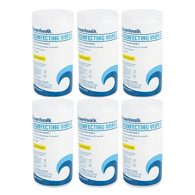 Boardwalk Disinfecting Wipes, 7 x 8, Lemon Scent, 75/Canister, 6 Canisters/Carton (BWK455W75)
