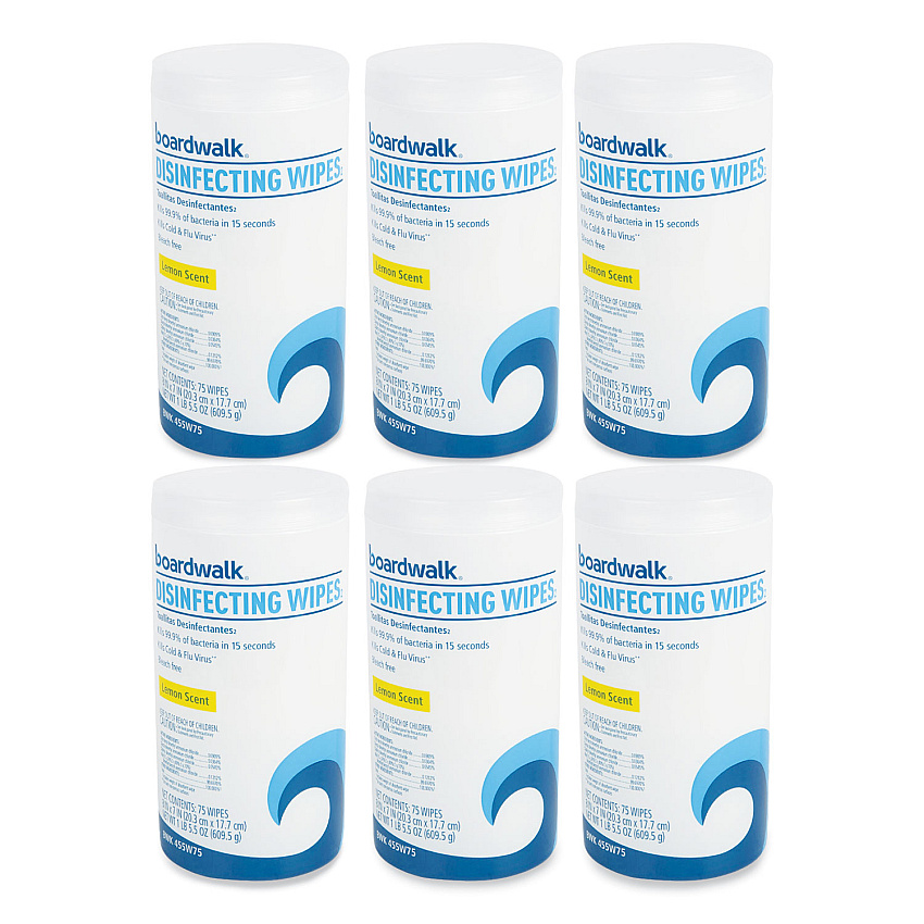Boardwalk Disinfecting Wipes, 7 x 8, Lemon Scent, 75/Canister, 6 Canisters/Carton (BWK455W75)