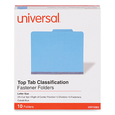 Universal Bright Colored Pressboard Classification Folders, 2" Expansion, 2 Dividers, 6 Fasteners, Letter Size, Cobalt Blue, 10/Box (UNV10301)