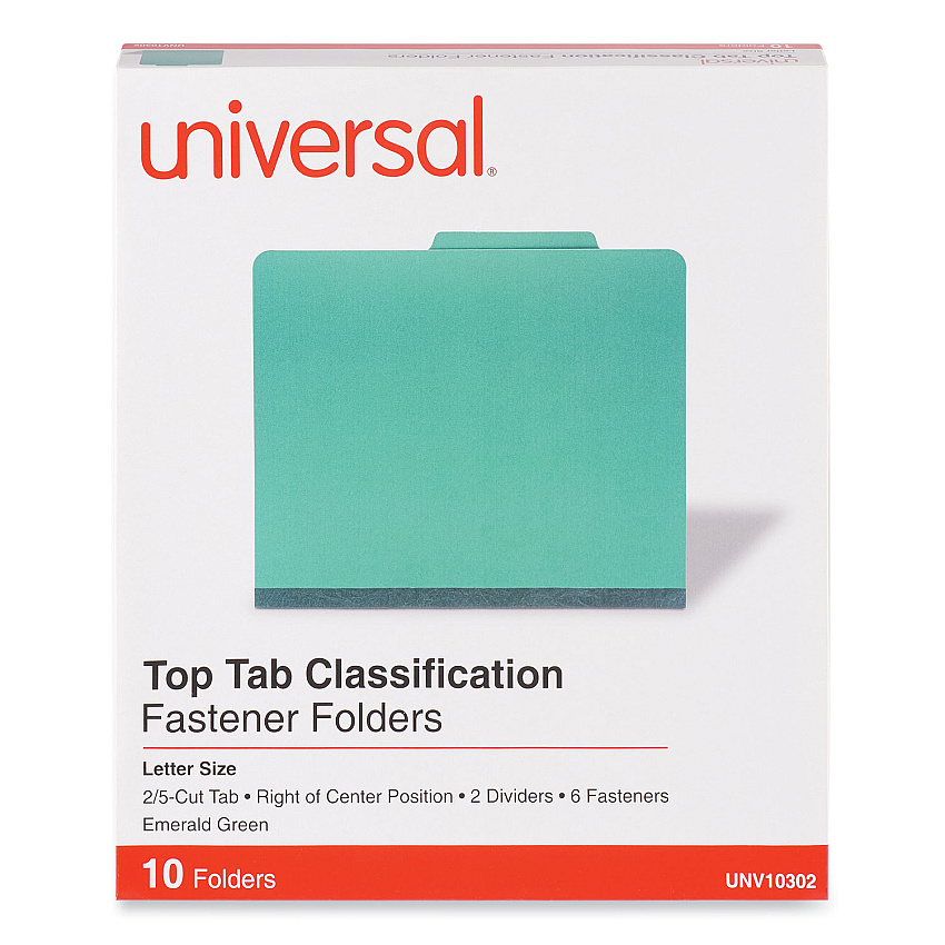 Universal Bright Colored Pressboard Classification Folders, 2" Expansion, 2 Dividers, 6 Fasteners, Letter Size, Emerald Green, 10/Box (UNV10302)