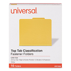 Universal Bright Colored Pressboard Classification Folders, 2" Expansion, 2 Dividers, 6 Fasteners, Letter Size, Yellow Exterior, 10/Box (UNV10304)