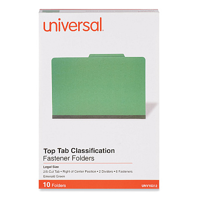 Universal Bright Colored Pressboard Classification Folders, 2" Expansion, 2 Dividers, 6 Fasteners, Legal Size, Emerald Green, 10/Box (UNV10312)