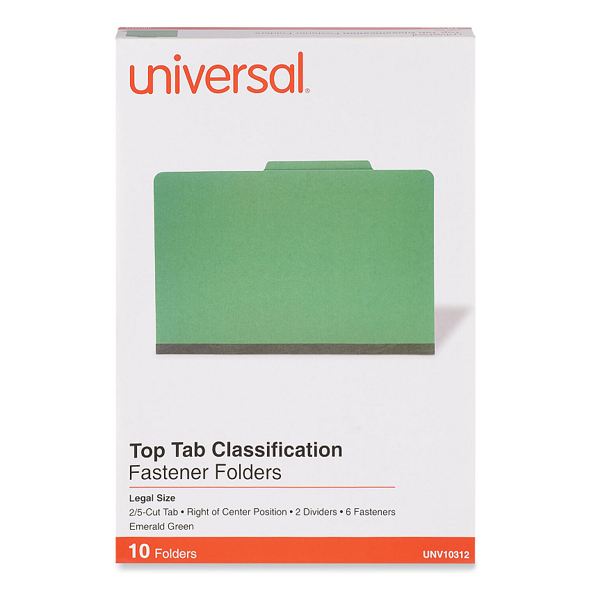 Universal Bright Colored Pressboard Classification Folders, 2" Expansion, 2 Dividers, 6 Fasteners, Legal Size, Emerald Green, 10/Box (UNV10312)