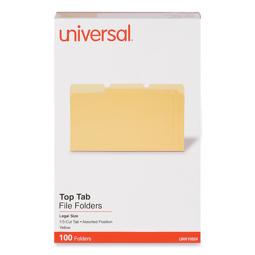 Universal Deluxe Colored Top Tab File Folders, 1/3-Cut Tabs: Assorted, Legal Size, Yellow/Light Yellow, 100/Box (UNV10524)