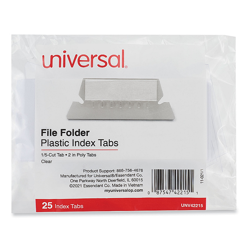 Universal Hanging File Folder Plastic Index Tabs, 1/5-Cut, Clear, 2.25" Wide, 25/Pack (UNV42215)