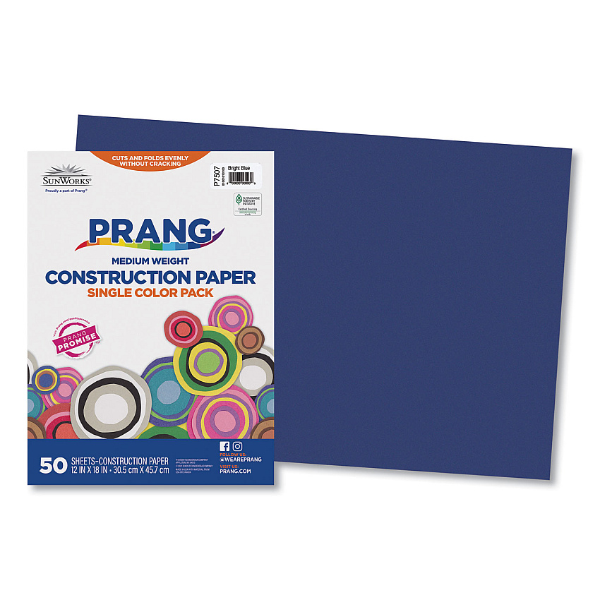 Prang SunWorks Construction Paper, 50 lb Text Weight, 12 x 18, Bright Blue, 50/Pack (PAC7507)