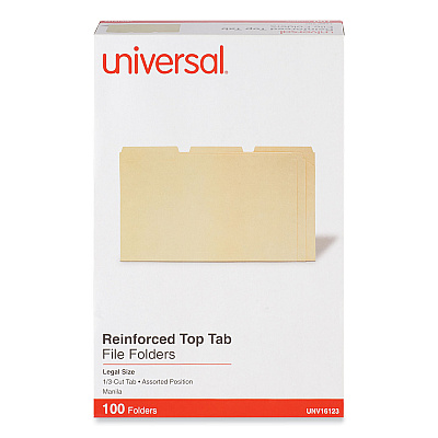 Universal Double-Ply Top Tab Manila File Folders, 1/3-Cut Tabs: Assorted, Legal Size, 0.75" Expansion, Manila, 100/Box (UNV16123)