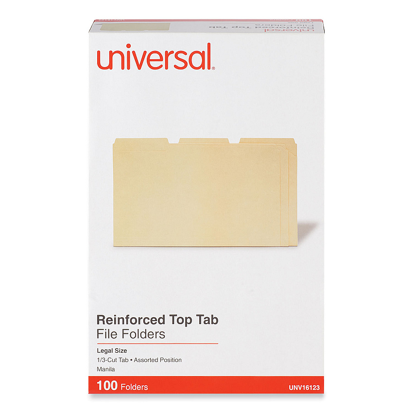 Universal Double-Ply Top Tab Manila File Folders, 1/3-Cut Tabs: Assorted, Legal Size, 0.75" Expansion, Manila, 100/Box (UNV16123)