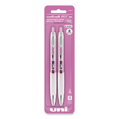 uniball Signo 207 Gel Pen, Retractable, Medium 0.7 mm, Black Ink, Translucent Pink/Translucent White Barrel, 2/Pack (UBC1745148)