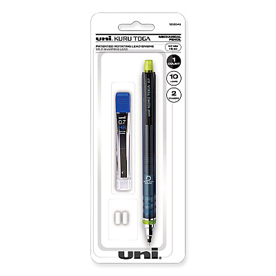 uniball KuruToga Mechanical Pencil with Tube of Diamond Lead, 0.7 mm, HB (#2), Black Lead, Black/Green Barrel (UBC1858549)
