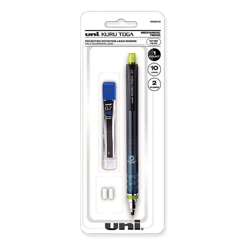 uniball KuruToga Mechanical Pencil with Tube of Diamond Lead, 0.7 mm, HB (#2), Black Lead, Black/Green Barrel (UBC1858549)