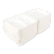 AmerCareRoyal Bagasse PFAS-Free Food Containers, 3-Compartment, 9 x 9 x 3.19, White, Bamboo/Sugarcane, 200/Carton (RPPHL93NPFA)