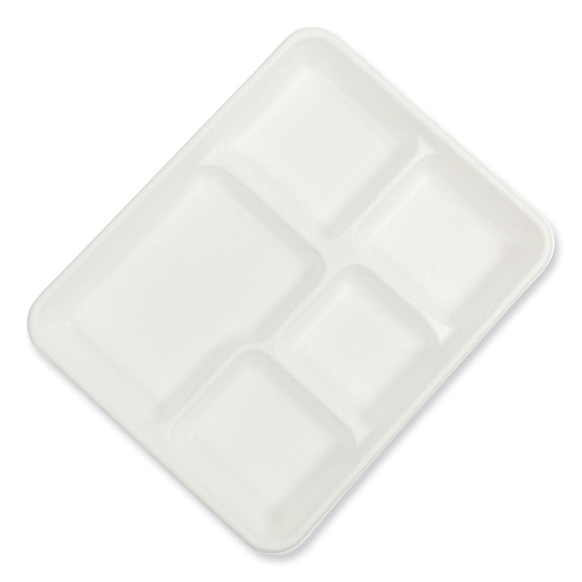 AmerCareRoyal Bagasse PFAS-Free Food Tray, 5-Compartment, 8.26 x 10.23 x 0.94, White, Bamboo/Sugarcane, 500/Carton (RPPTL15TNPFA)