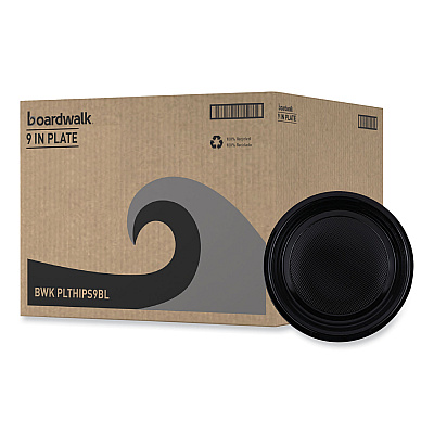 Boardwalk Hi-Impact Plastic Dinnerware, Plate, 9" dia, Black, 500/Carton (BWKPLTHIPS9BL)
